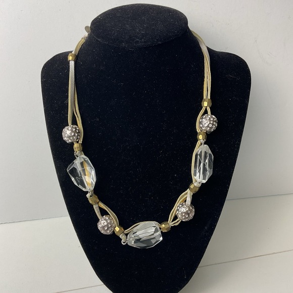 CHICO'S Necklace Silver Tone Balls Spheres Clear Beads~Gold Silver Leather‎ Cord - Picture 1 of 5